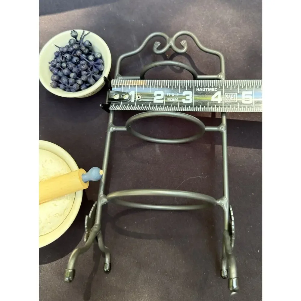 Longaberger Pottery Miniature Mixing Bowls Berries Dough Wrought Iron Stand Mint
